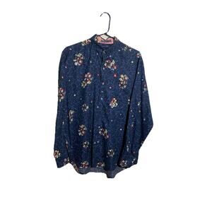 Tommy Bahama Shirt Sz S Blue Long Sleeve Floral Button Up Cotton Silk Fall